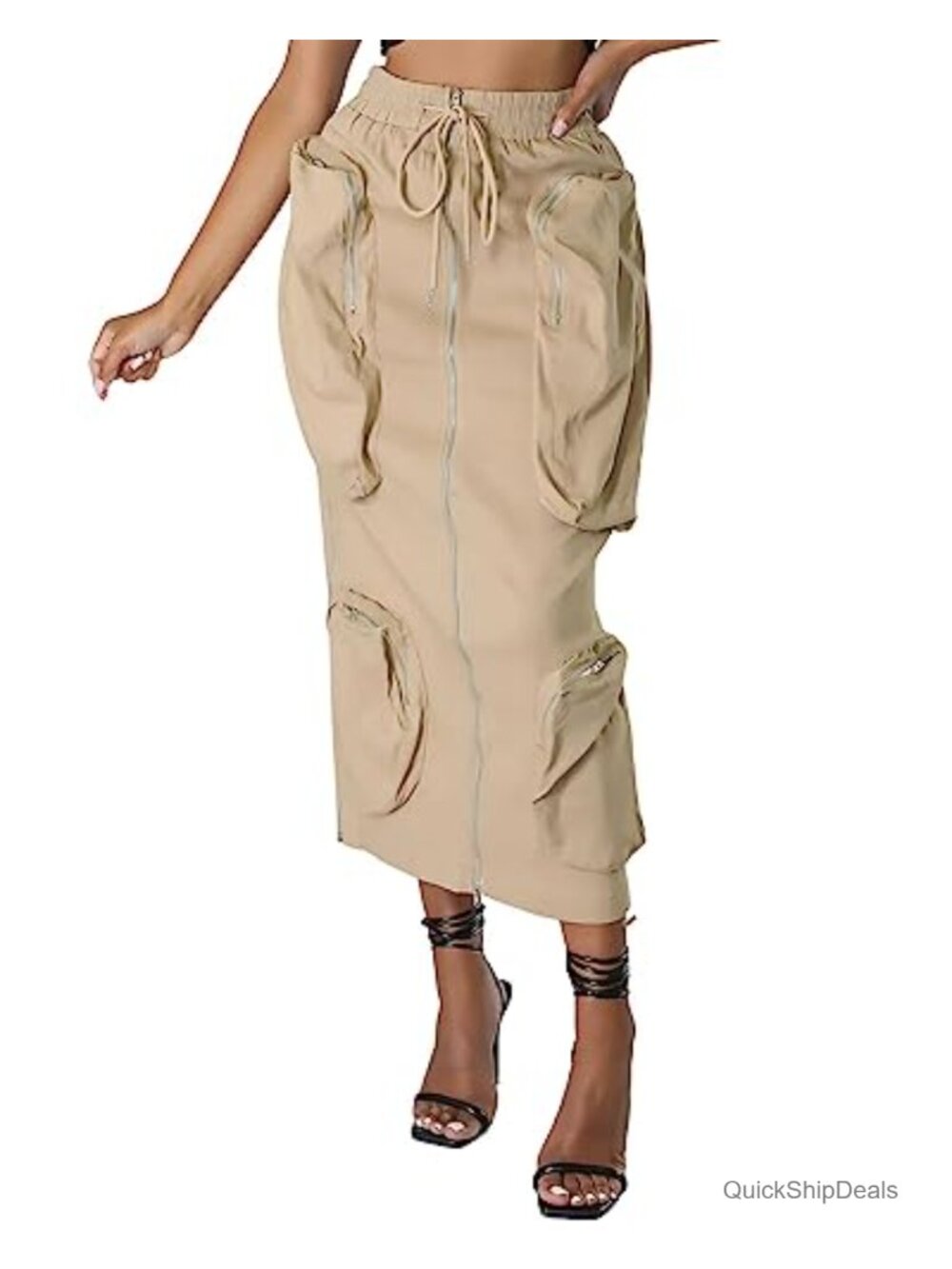 Vintage 90s Drawstring Zipper Multi-Pockets Cargo Pencil Skirt Polyester High